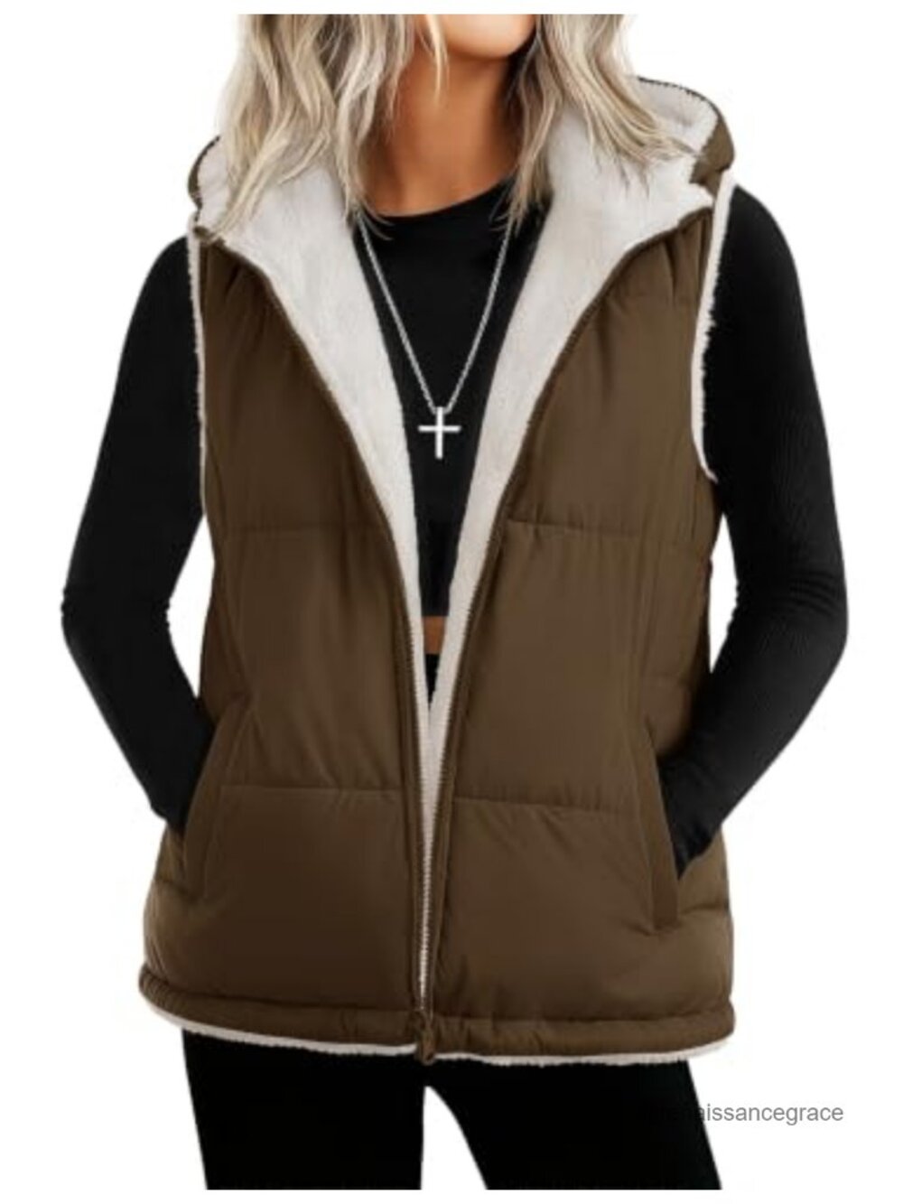 Womens Reversible Fleece Lined Puffer Vest Sleeveless Zip Up Hooded Winter